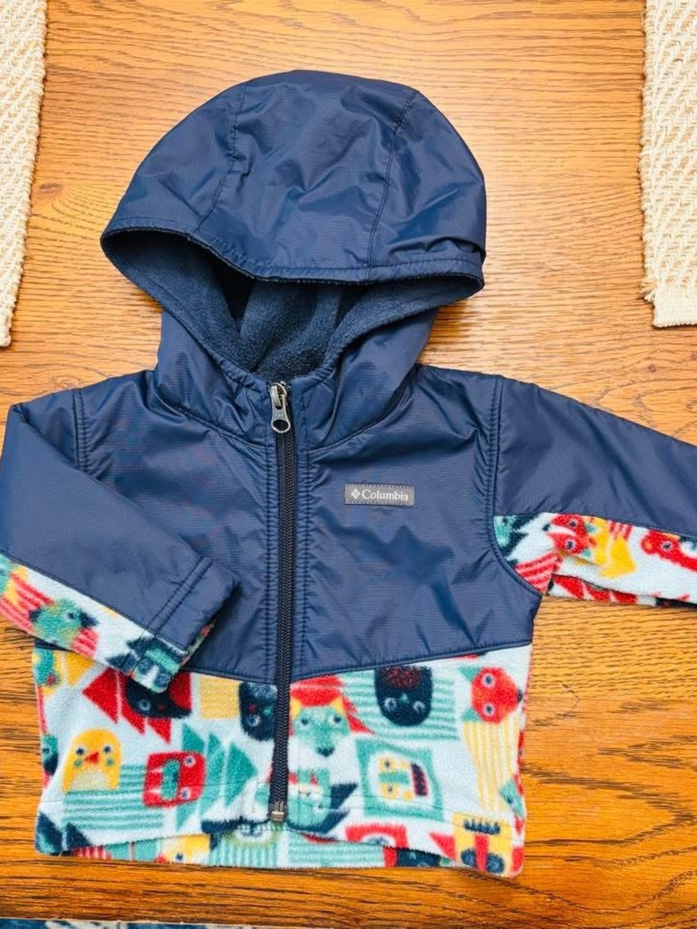 3-6 month Columbia Navy Hooded Fleece Jacket with Colorful Pattern